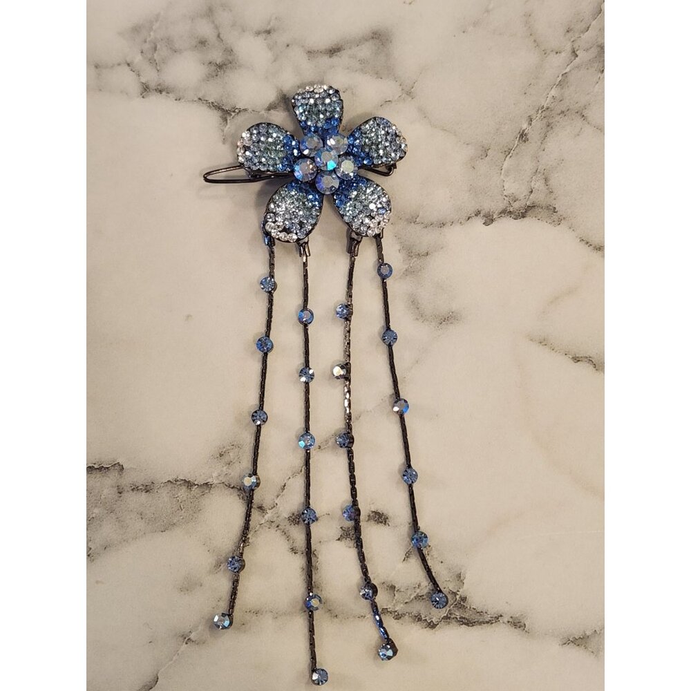 Elegant Blue Rhinestone Flower Hair Clip Barrette With Dangling Strands